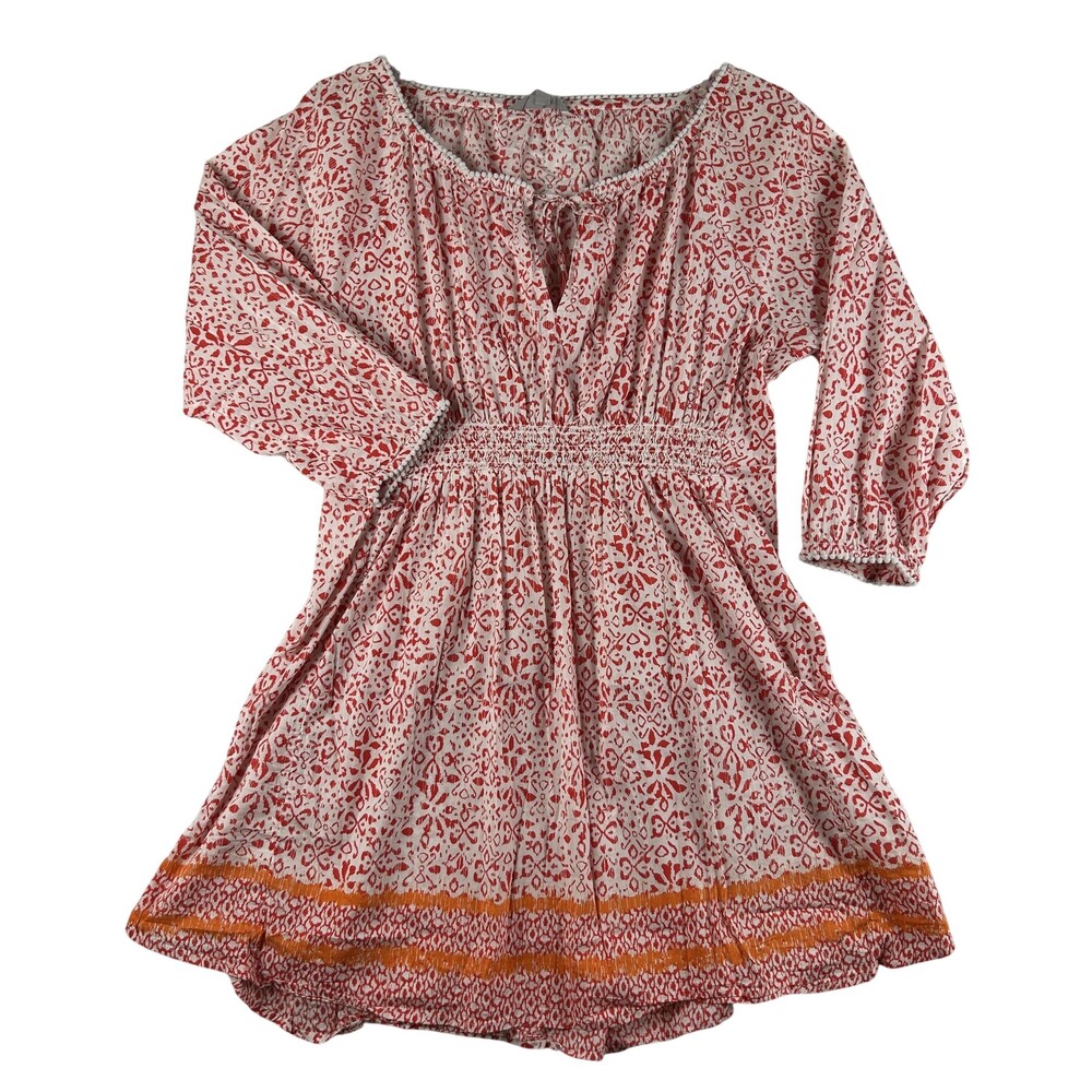 Athleta Dress Womens Medium Printed Calico Smocked 3/4 Sleeve Boho Short Beach